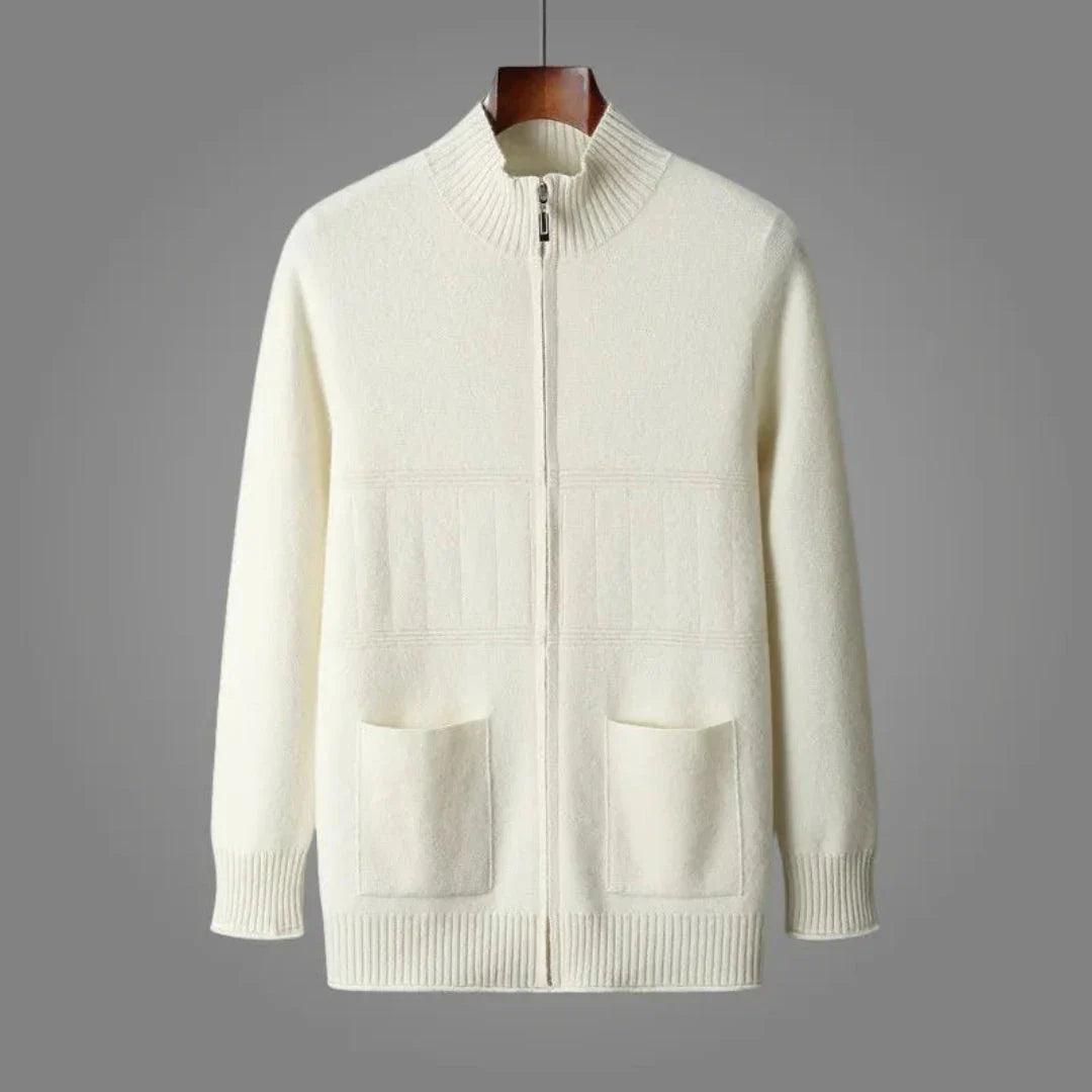 Nancy premium wool full-zip cardigan with ribbed collar, cuffs and two front patch pockets