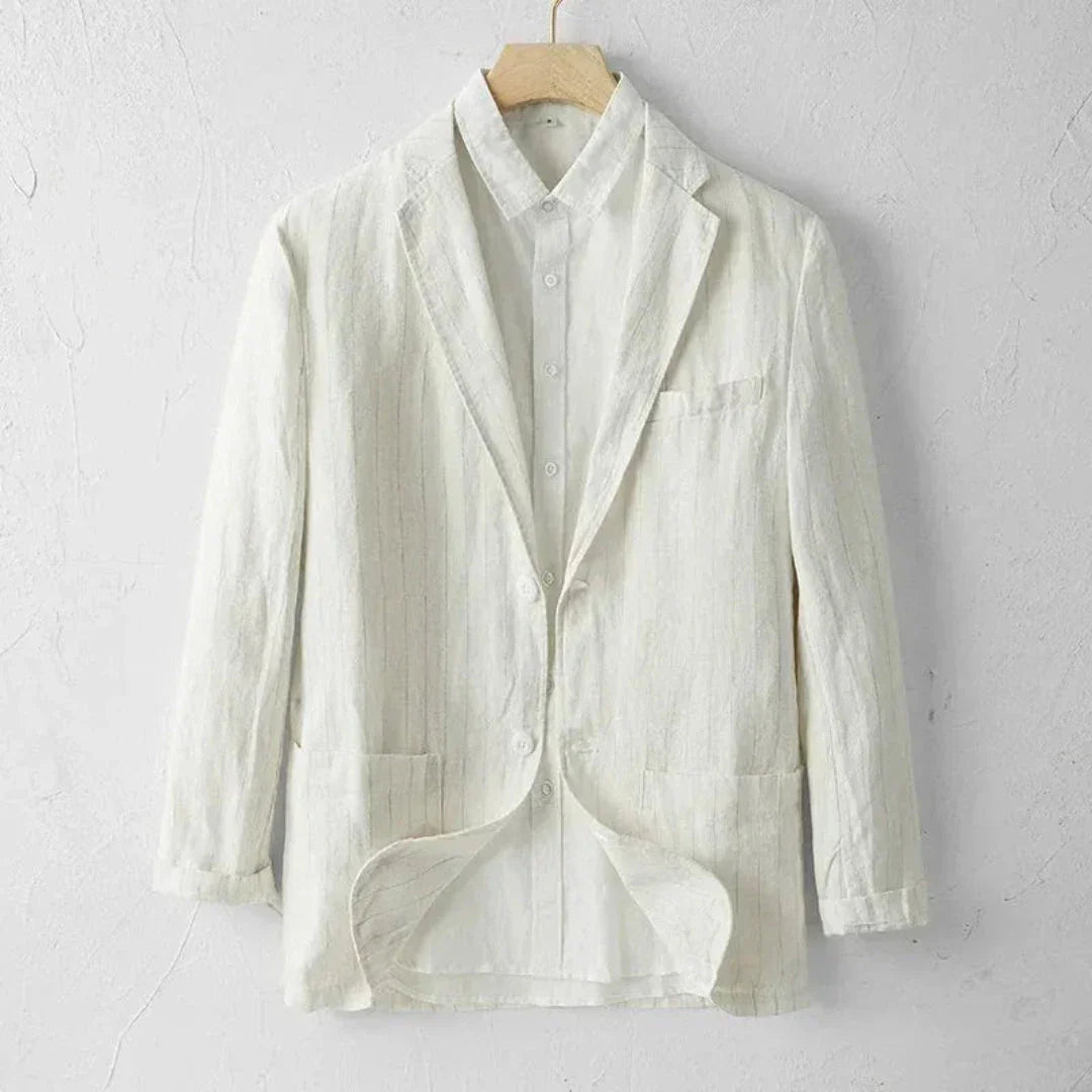 Nathan striped linen blazer in relaxed tailored cut with vertical stripes, lightweight warm-weather style