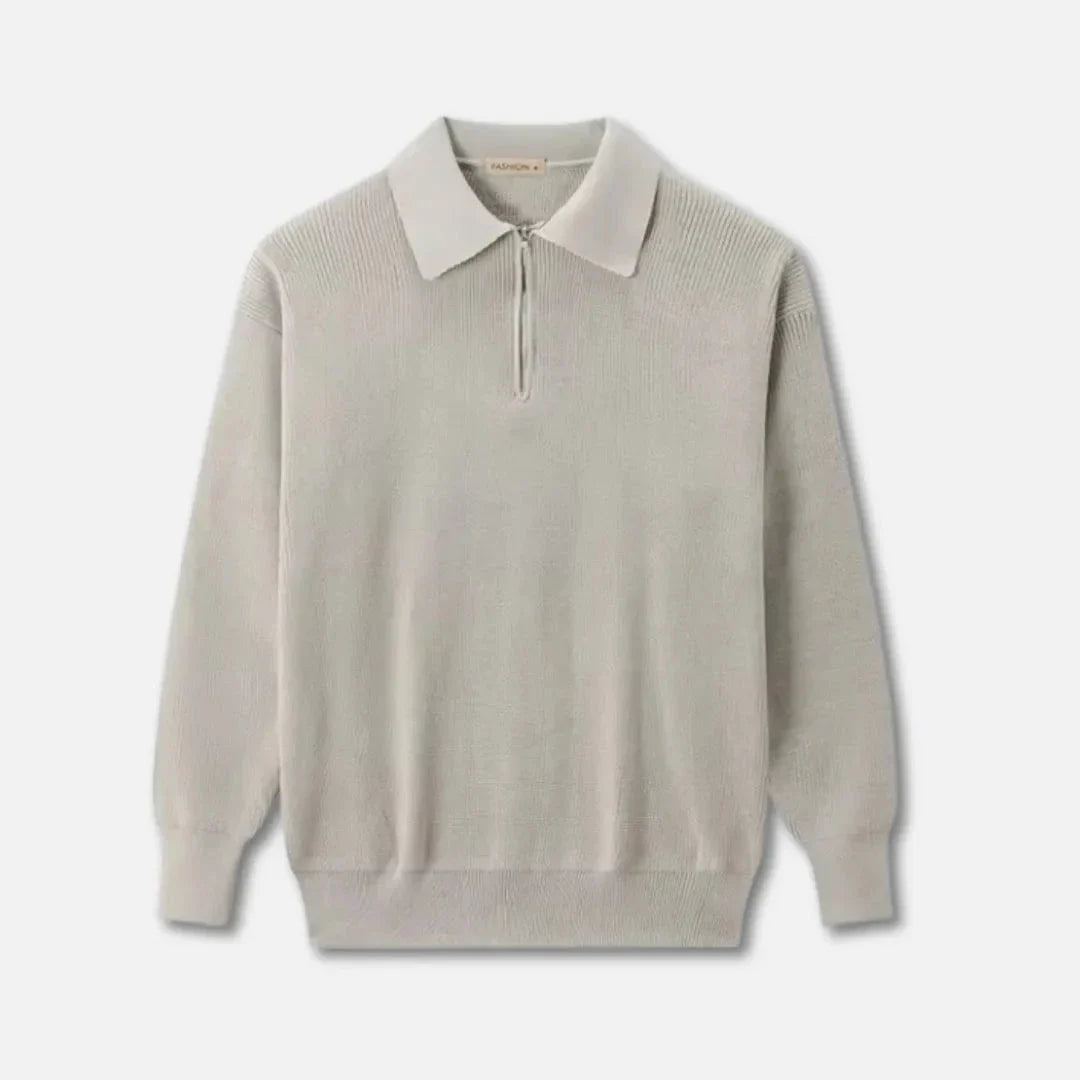 Ribbed knit sweater with classic point collar in neutral tone, smart-casual style for everyday wear