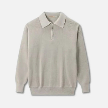Ribbed knit sweater with classic point collar in neutral tone, smart-casual style for everyday wear