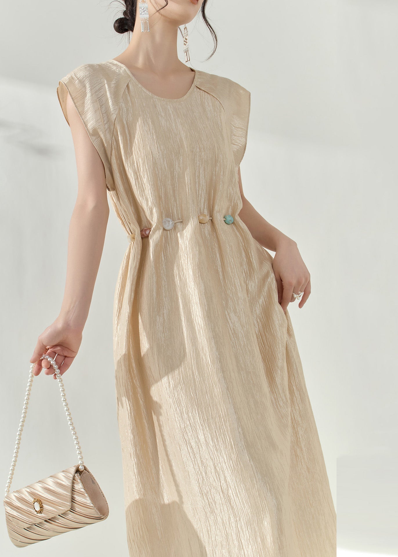 Robe longue slim patchwork champagne naturel pour l'été - Wavlynn