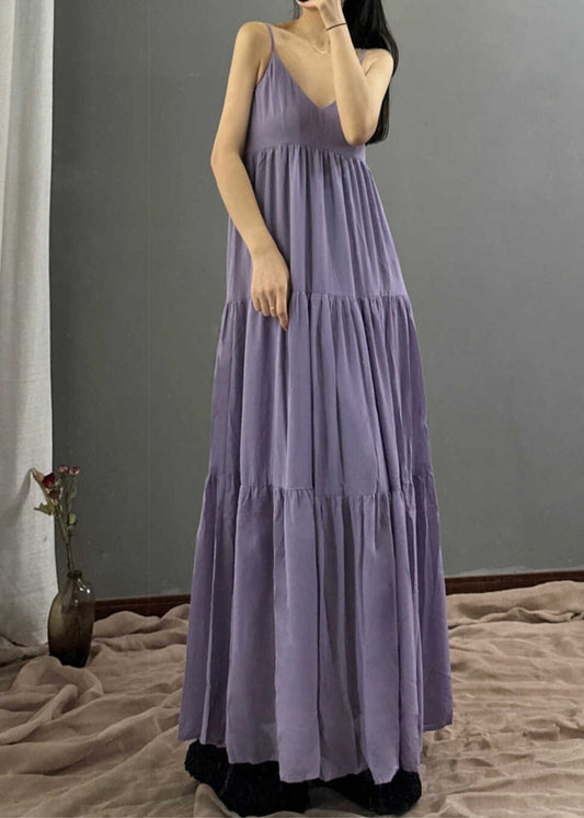 Robe longue à bretelles spaghetti en mousseline de soie violette naturelle, col en V, patchwork, été - Wavlynn