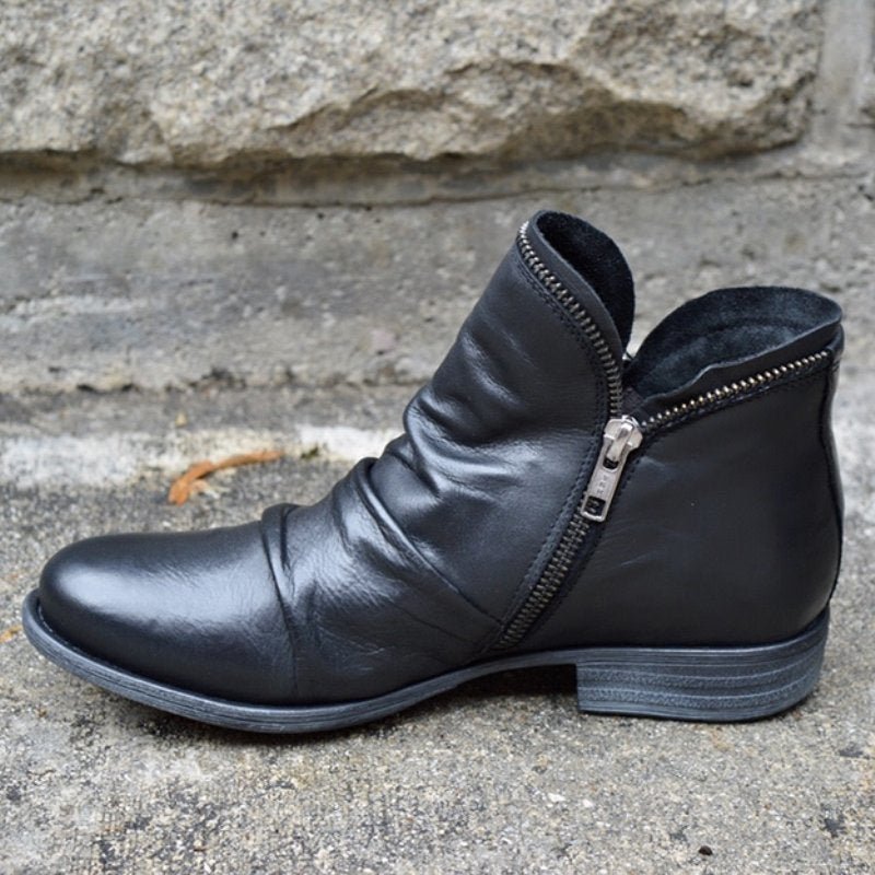 Women's brown leather ankle boots asymmetric silhouette side zipper Nordic-inspired round toe