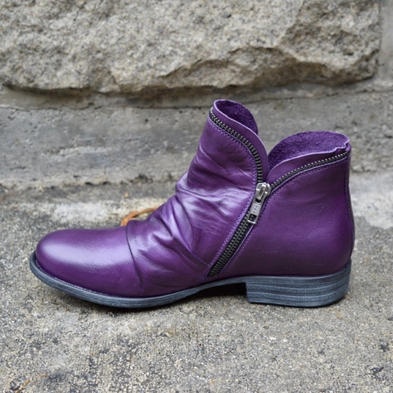 Women's brown leather ankle boots asymmetric silhouette side zipper Nordic-inspired round toe