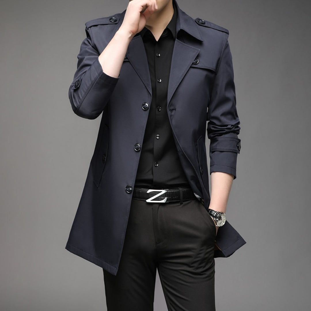 Men's beige single-breasted lightweight trench coat with streamlined silhouette for transitional wear
