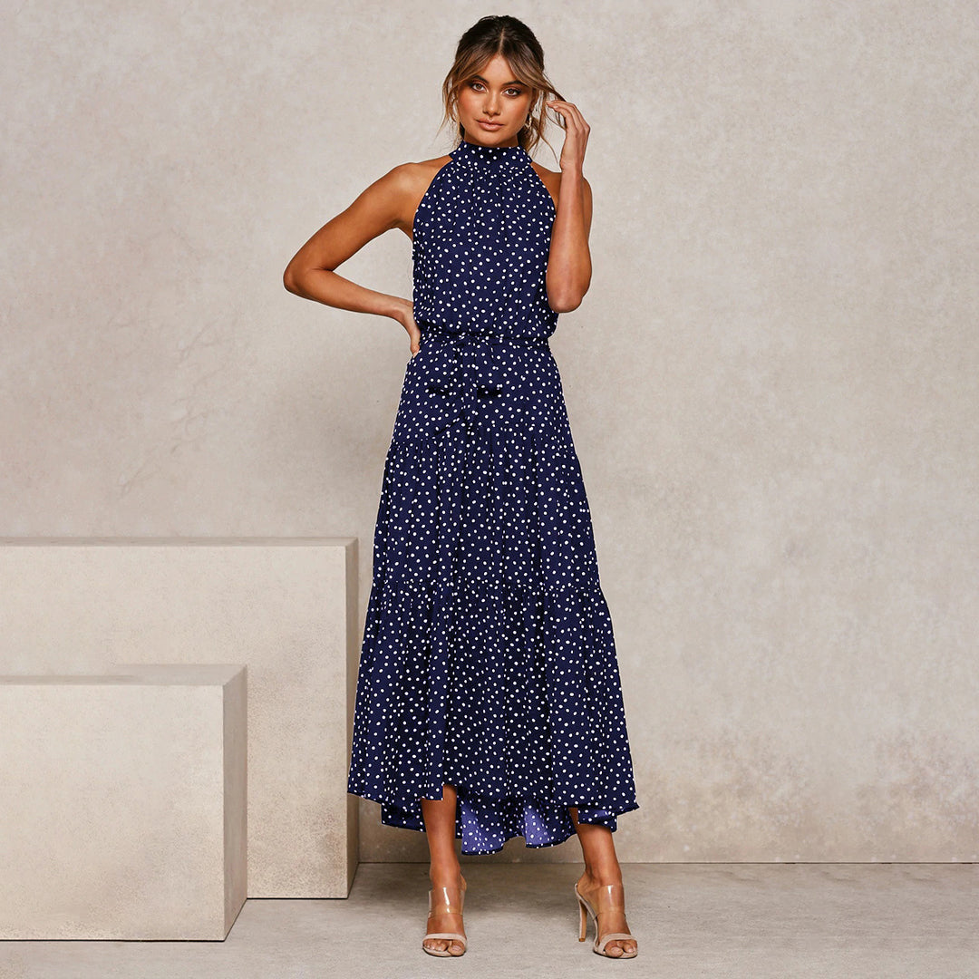 Women's light airy halterneck A-line dress with sleeveless cut and defining waistband