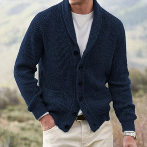 Men's shawl collar cardigan knit sweater with button closure, long sleeves, and front pockets