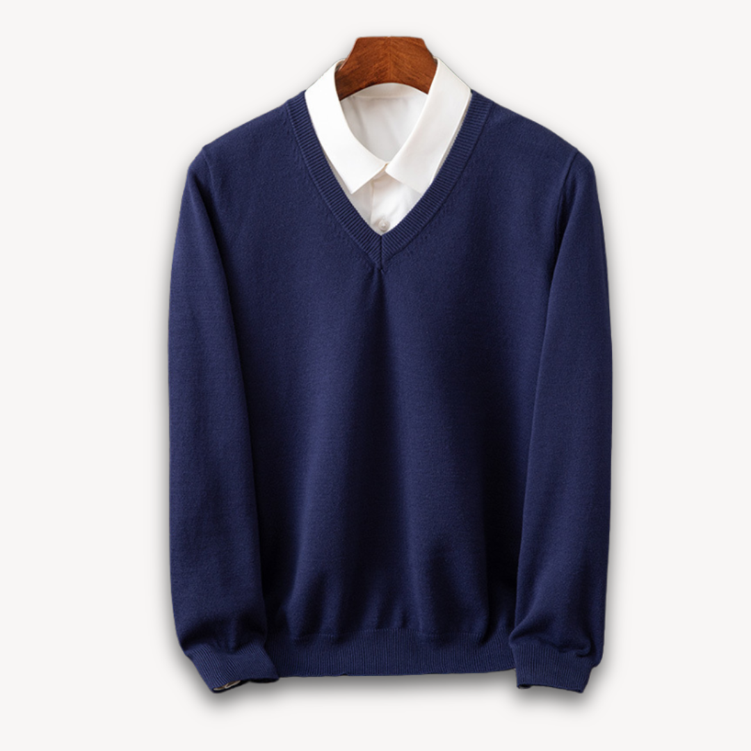 Men's navy blue slim fit V-neck sweater in soft knit with ribbed edges for versatile layering