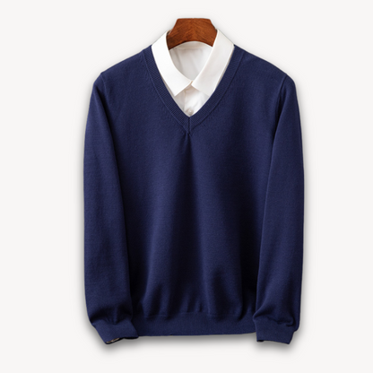 Men's navy blue slim fit V-neck sweater in soft knit with ribbed edges for versatile layering
