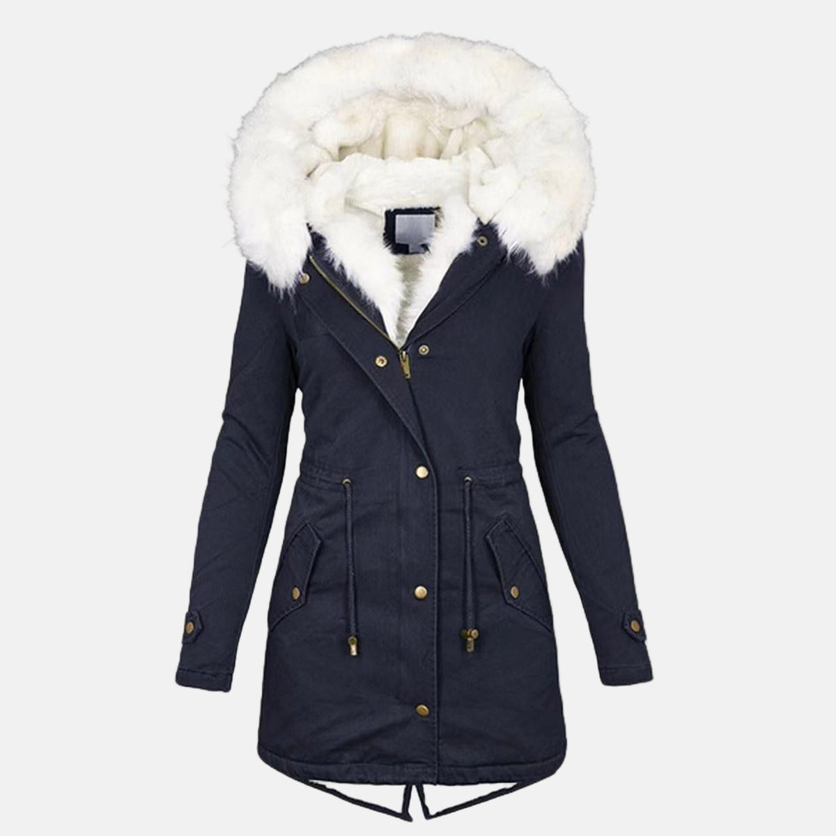 Women's mid-length hooded parka with faux fur trim, fleece-lined, water-resistant, fitted silhouette