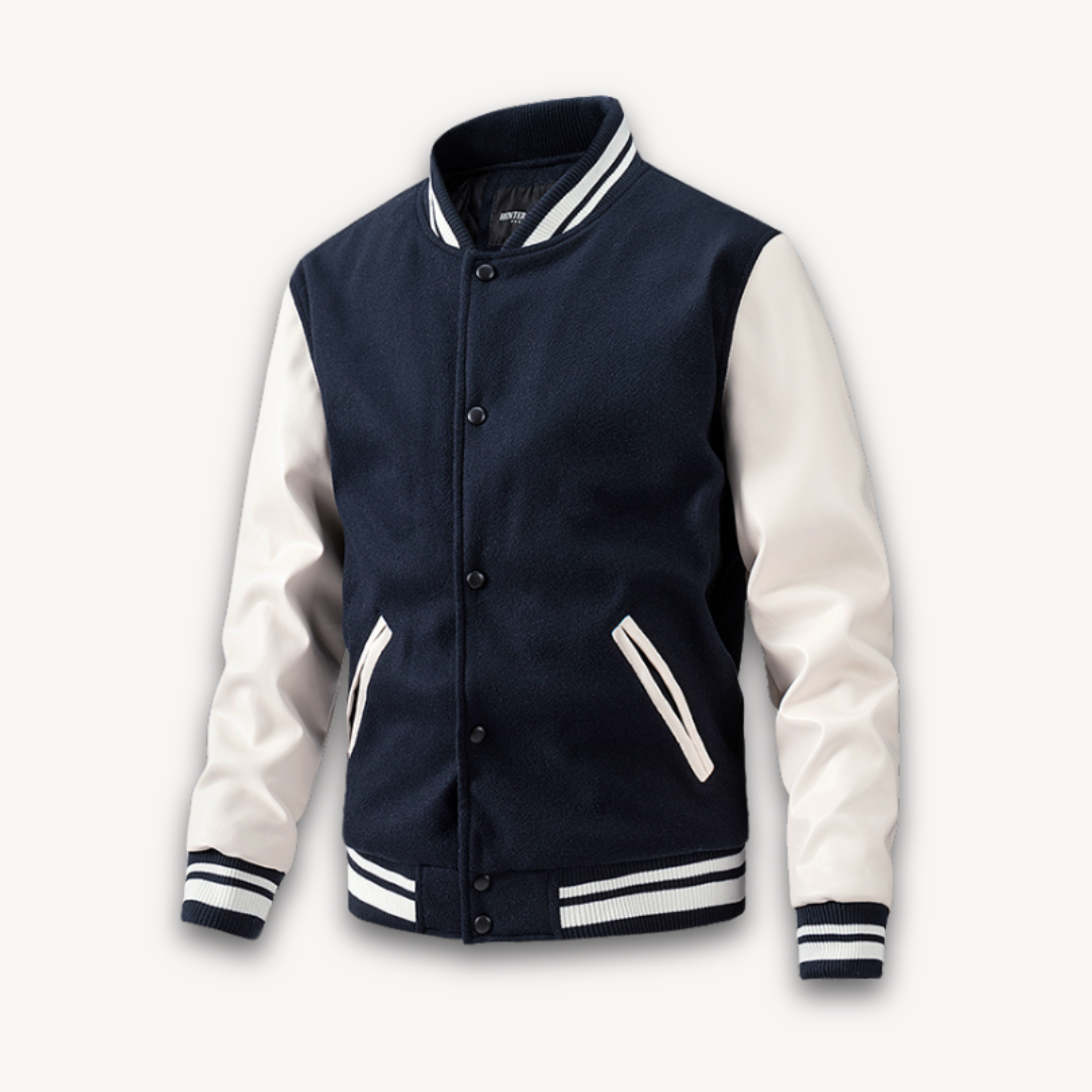 Men's classic fit varsity jacket wool-look body leather sleeves two-tone casual style