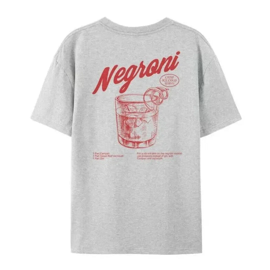 Red relaxed-fit cotton tee with vintage Negroni cocktail recipe graphic print