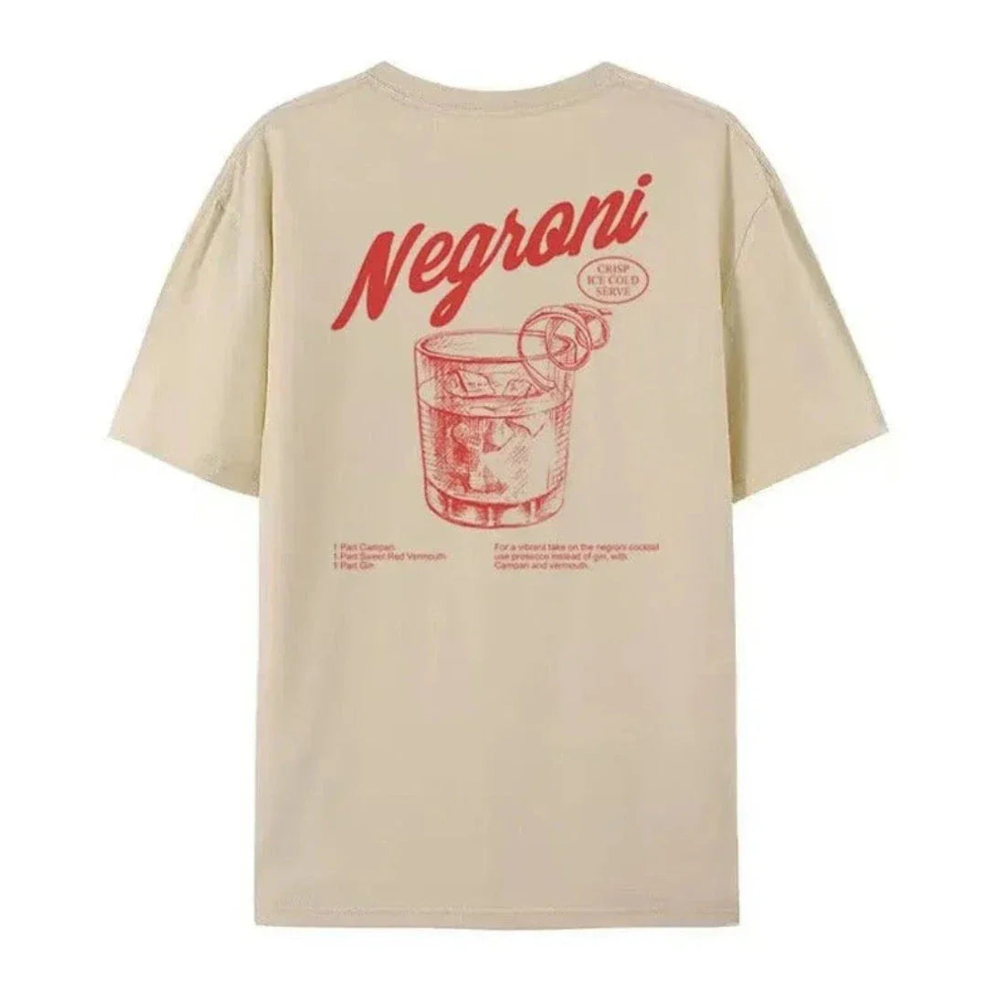Vintage graphic cotton tee with bold red Negroni cocktail print, relaxed-fit casual style
