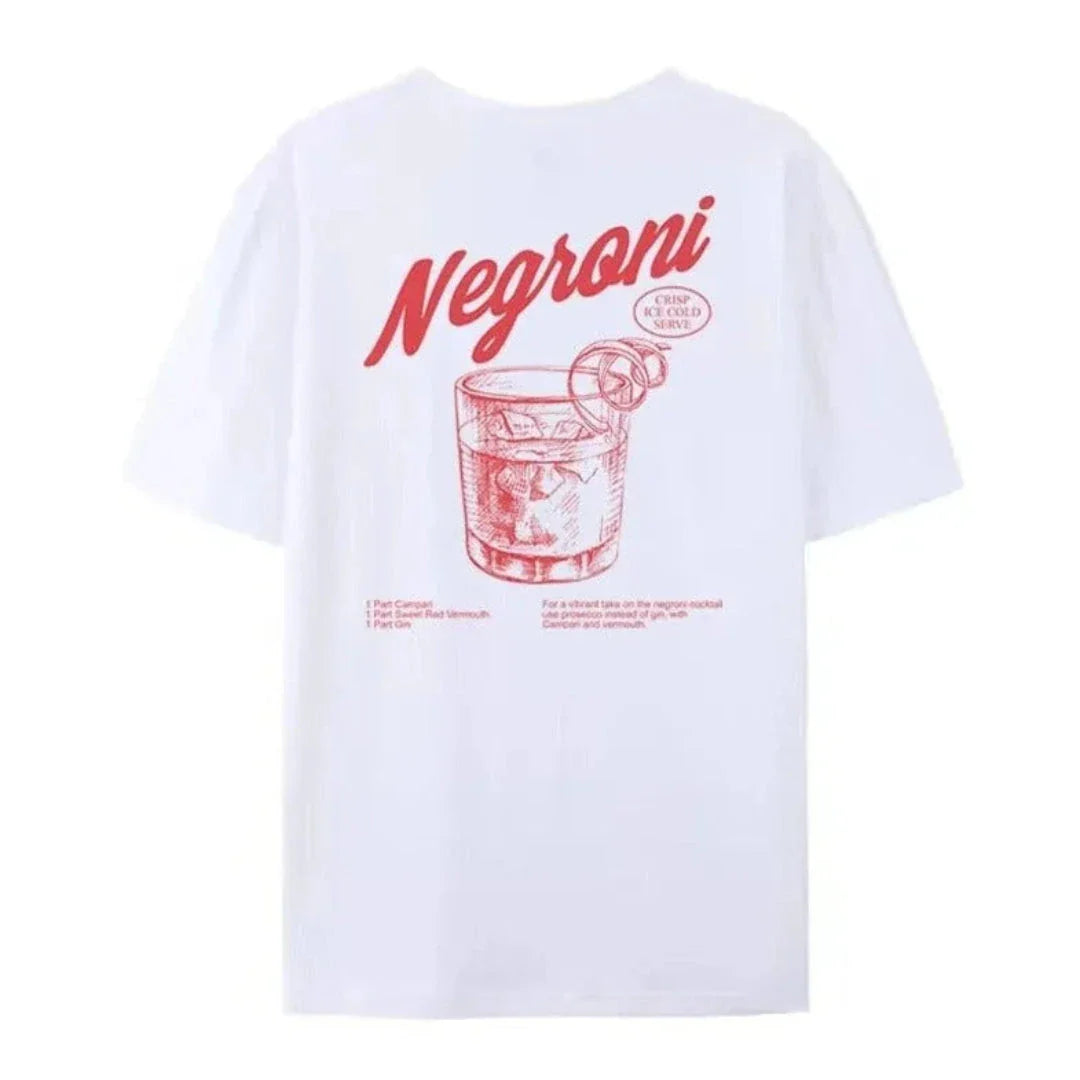 Vintage graphic cotton tee with bold red Negroni cocktail print, relaxed-fit retro style