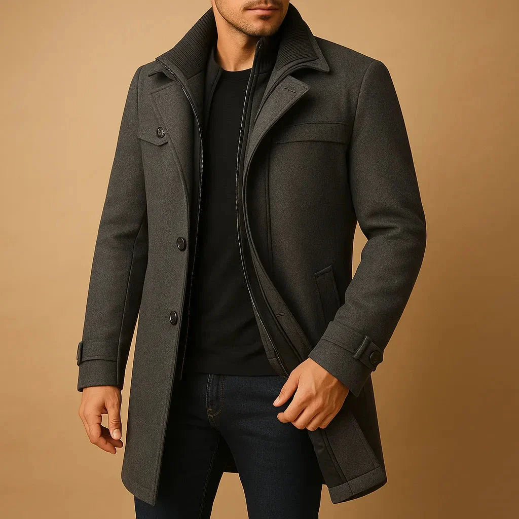 Wavlynn Neil men's charcoal wool winter overcoat tailored fit with structured shoulders