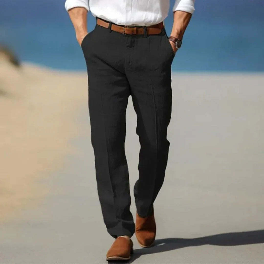 Men's light linen tailored pants relaxed fit breathable fabric warm-weather elegant style