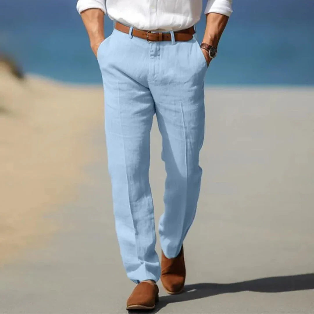 Men's lightweight linen tailored pants in neutral tone, relaxed fit with polished structured silhouette
