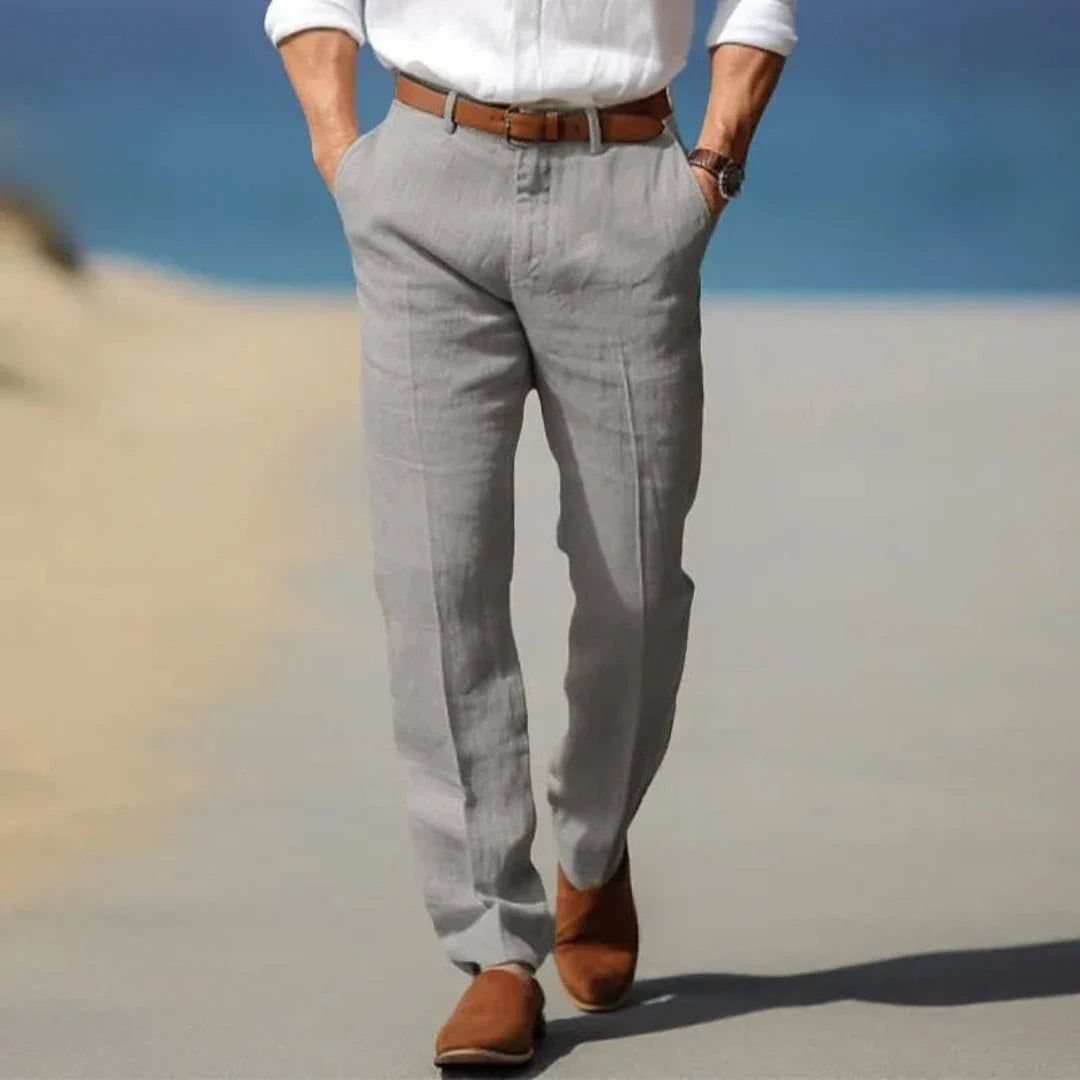 Men's lightweight linen tailored pants in neutral tone, relaxed fit with polished structured silhouette