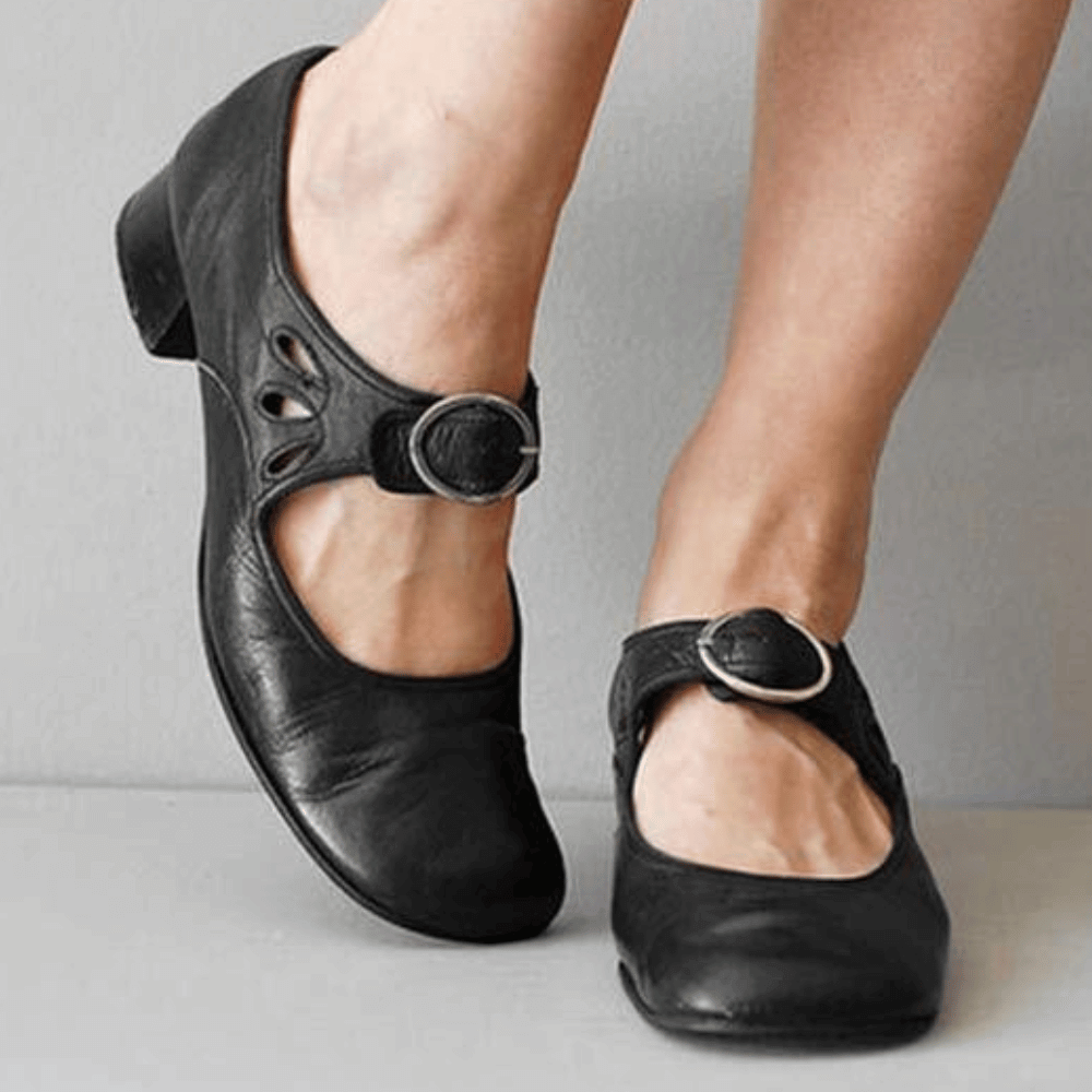 Women's black leather-look Mary Jane shoes low block heel round toe with cut-out buckle strap