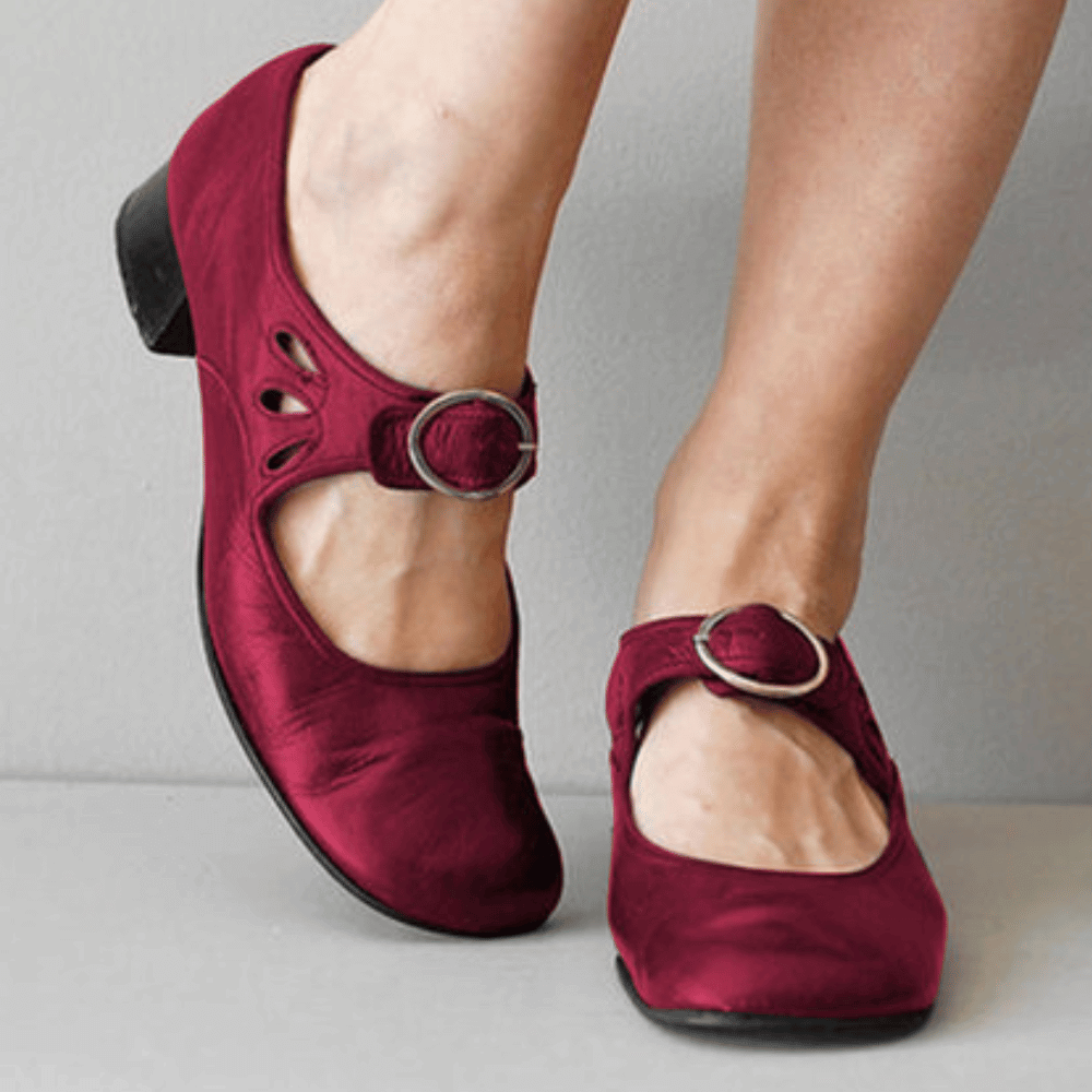 Women's leather-look Mary Jane shoes, low block heel, round toe, buckle with cut-out detail