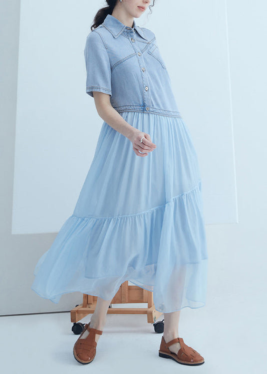 Nouvelle robe d'été asymétrique en denim bleu à col Peter Pan et patchwork de soie - Wavlynn