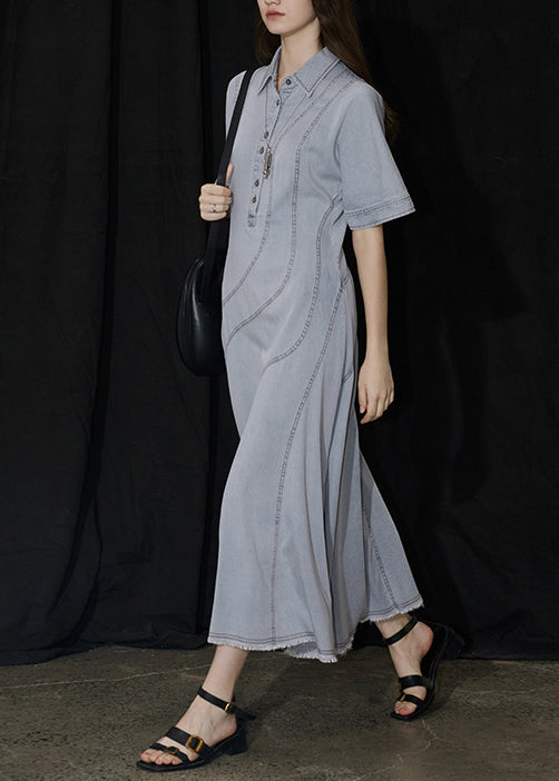 Nouvelles robes longues en denim bleu à col Peter Pan et patchwork pour l'été - Wavlynn