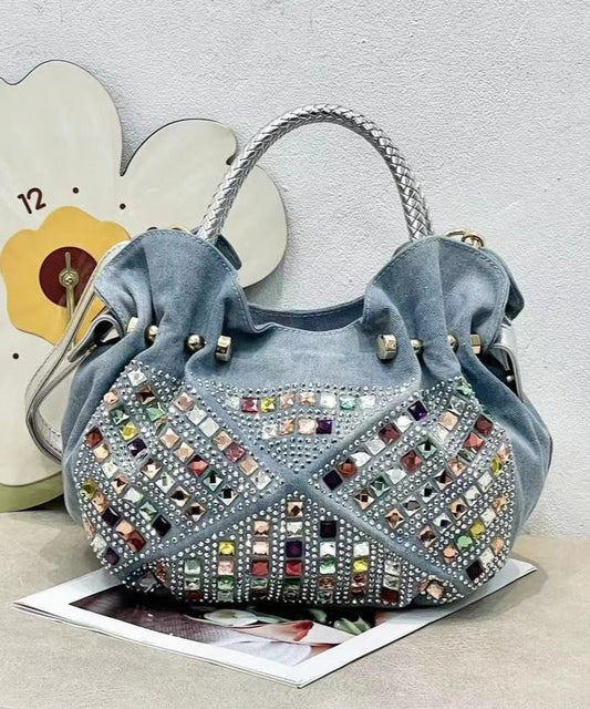 Nouveau sac fourre-tout tendance en denim bleu avec zircon - Wavlynn