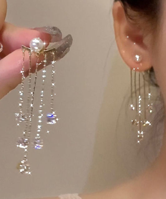 Boucles d'oreilles pendantes en alliage de cuivre doré et perles de zircon - Wavlynn