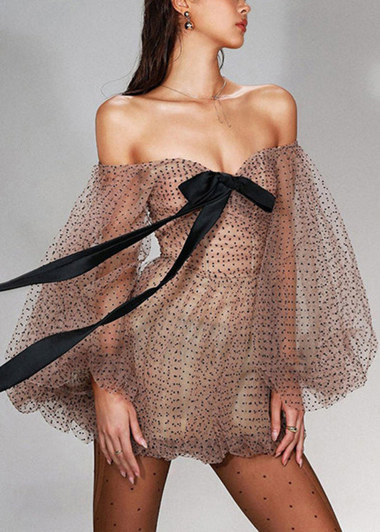 Nouvelles mini-robes en tulle à pois kaki et épaules dénudées, manches lanternes - Wavlynn