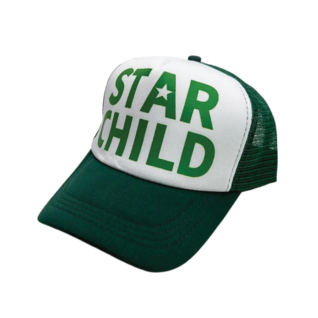 Star Child trucker hat with bold cosmic graphic print, adjustable snapback fit, cotton-polyester blend
