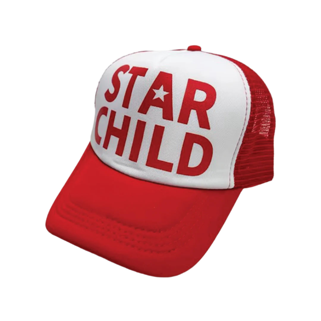 Star Child trucker hat with bold printed cosmic graphic, adjustable fit, cotton-polyester blend