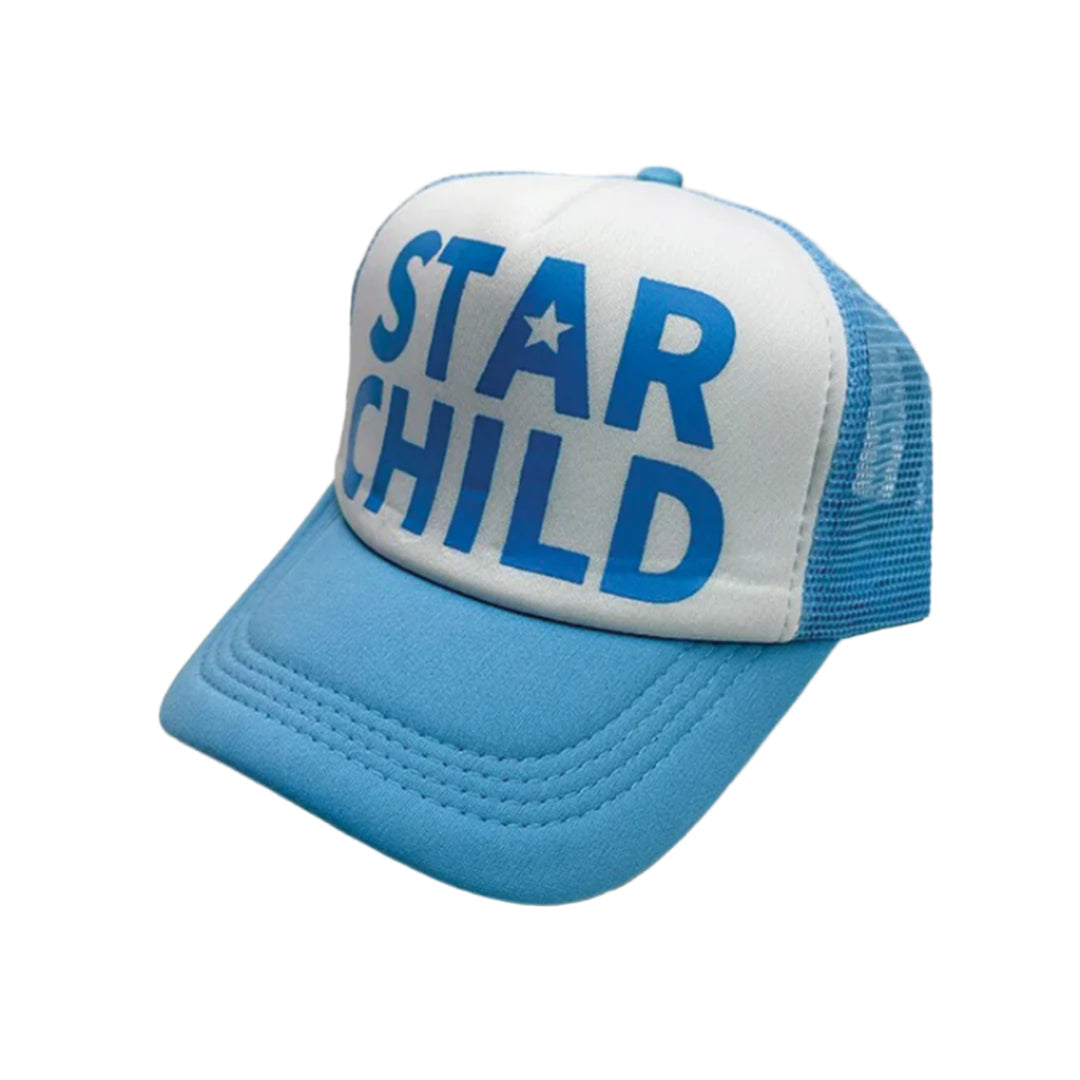 Star Child trucker hat with bold cosmic front graphic print, adjustable snapback fit, cotton blend