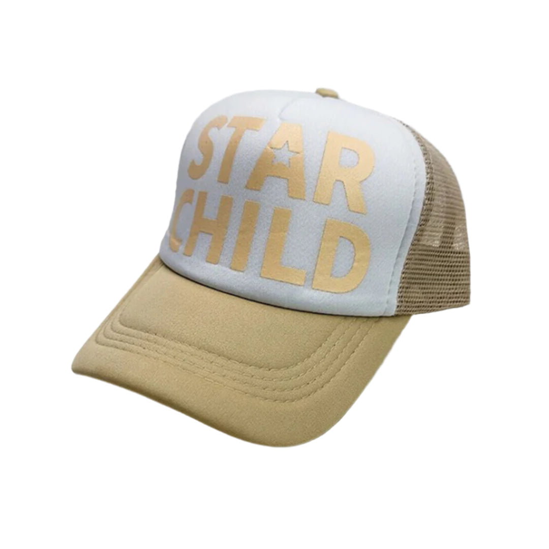 Star Child trucker hat with bold cosmic graphic print, adjustable snapback, cotton-poly blend