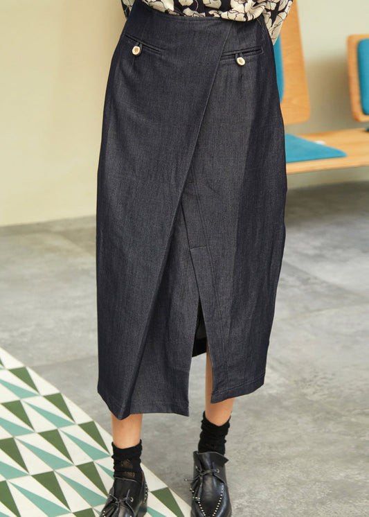 Nouvelles jupes en jean bleu marine asymétriques ouvertes sur le devant pour l'automne - Wavlynn
