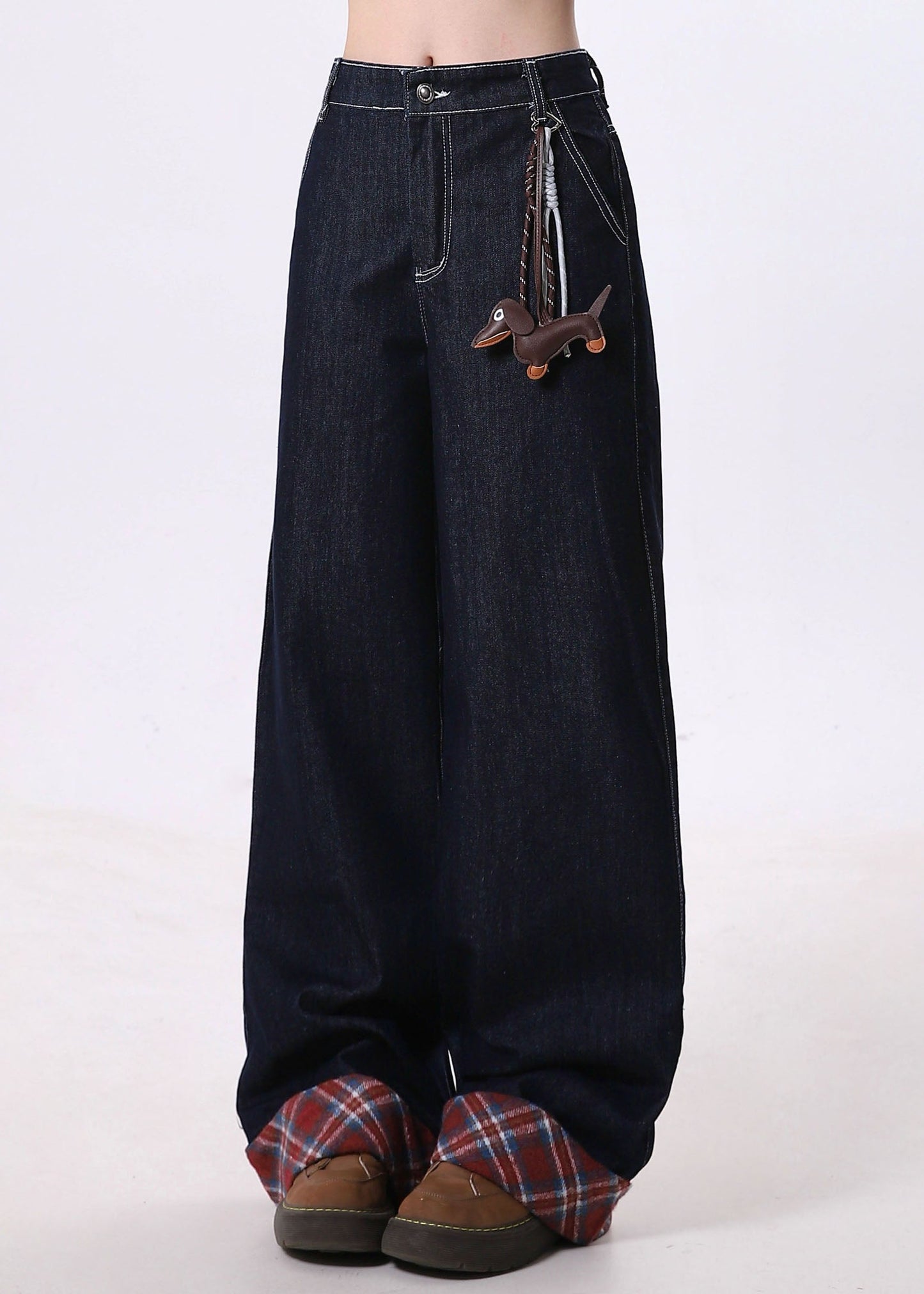 Pantalon large en denim bleu marine avec poches patchwork, nouvelle collection printemps - Wavlynn