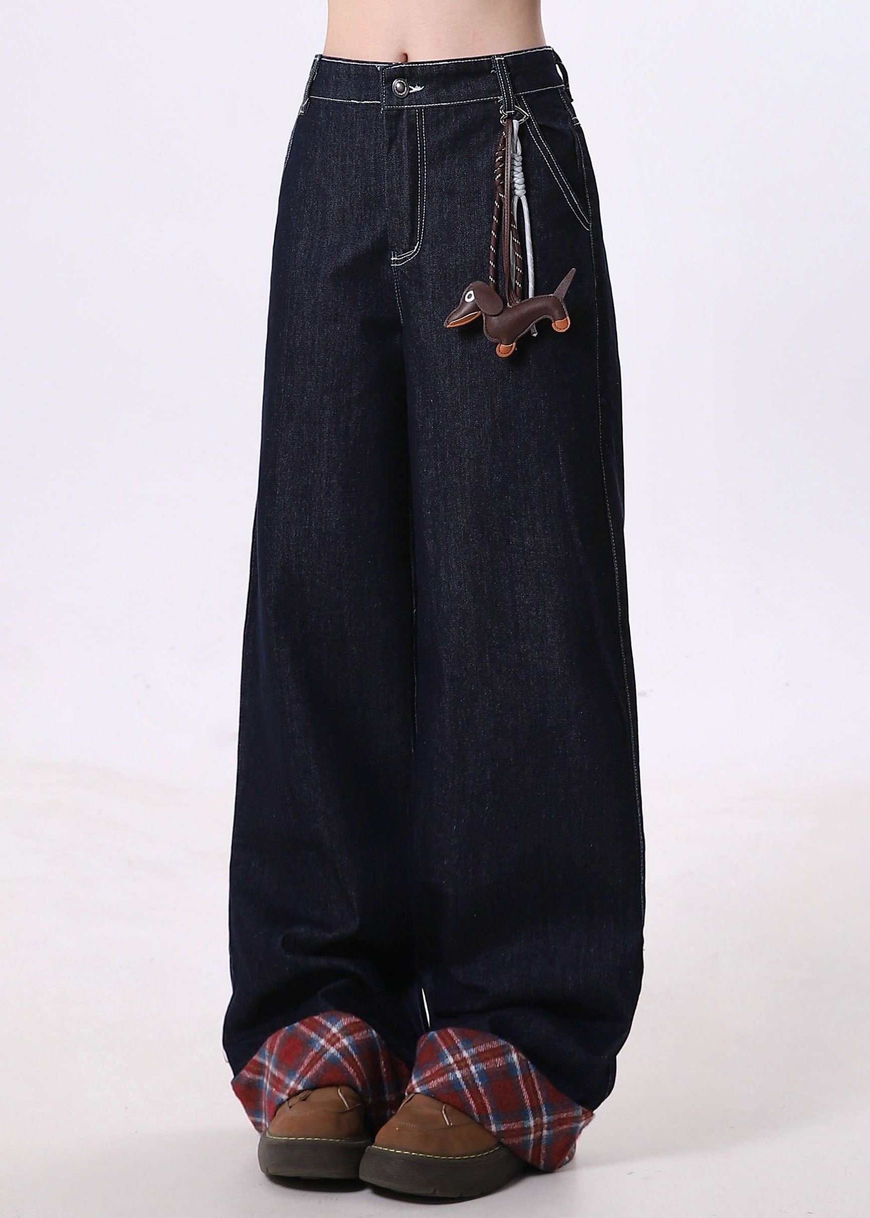 Pantalon large en denim bleu marine avec poches patchwork, nouvelle collection printemps - Wavlynn