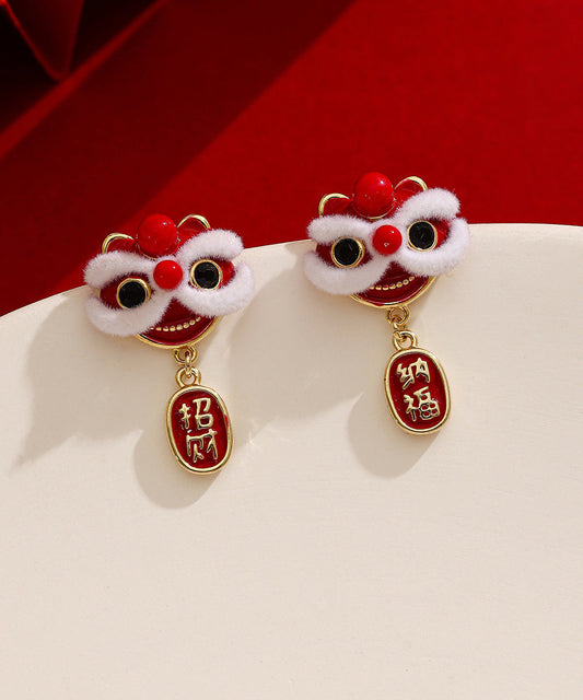 Boucles d'oreilles pendantes en cuivre rouge 14 carats en or 14 carats avec motif de danse du lion - Wavlynn