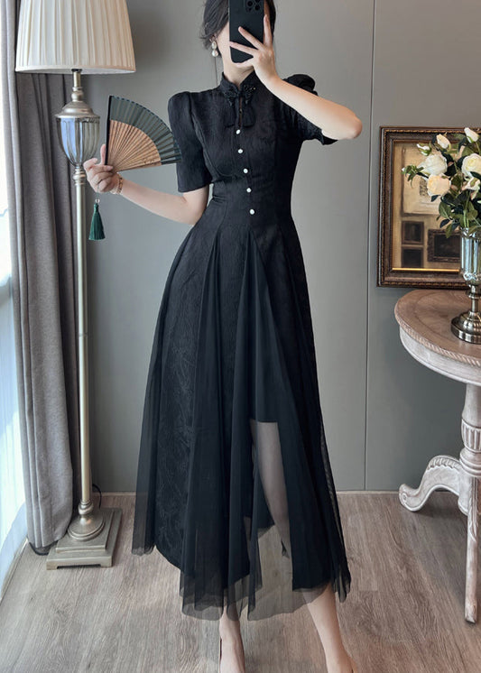 Nouvelle robe d'été rétro noire en tulle à manches bouffantes et patchwork - Wavlynn