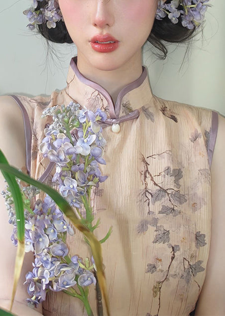 Nouvelles robes cheongsam rétro en coton imprimé kaki sans manches - Wavlynn