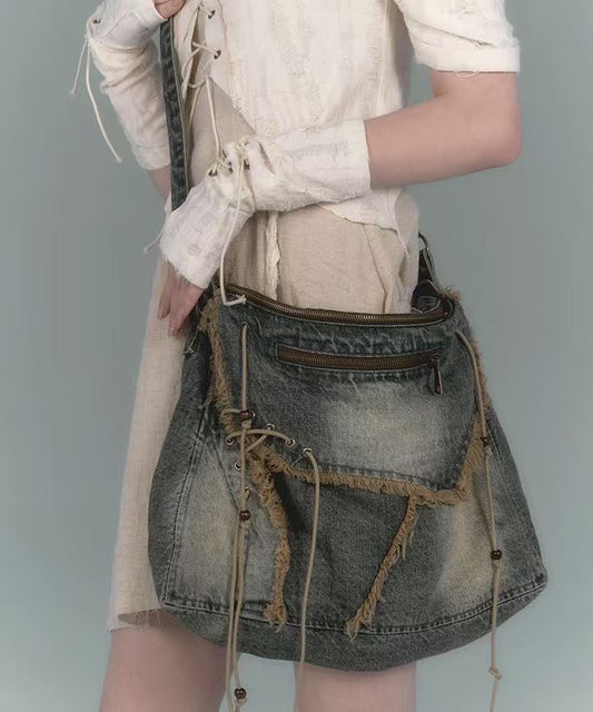 Nouveau sac messager rétro en denim bleu marine avec bordure à franges, grande capacité - Wavlynn