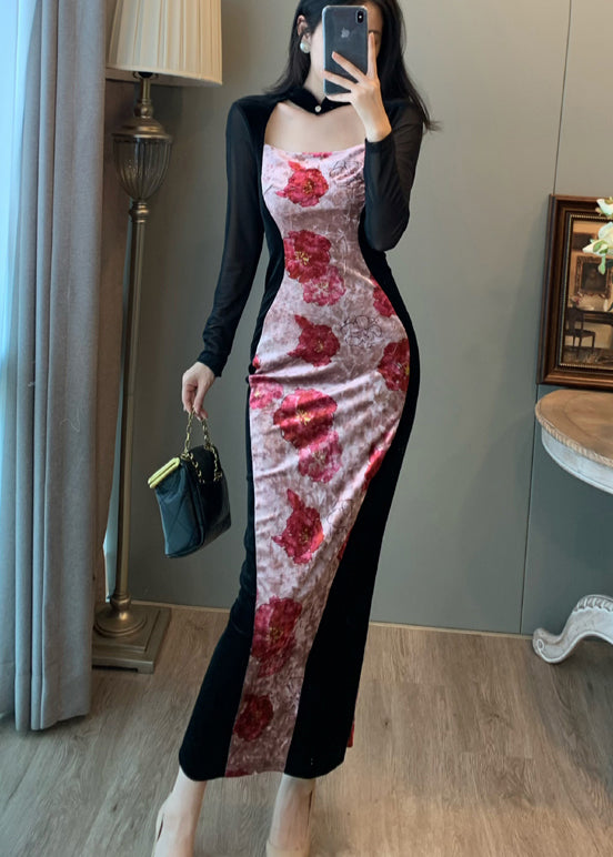 Nouvelles robes de vacances rétro en velours de soie à imprimé patchwork rose pour l'automne - Wavlynn