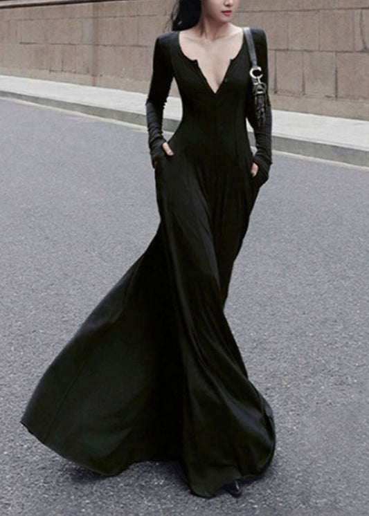 Nouvelle robe longue simple noire en coton à col en V et coupe ajustée, printemps - Wavlynn