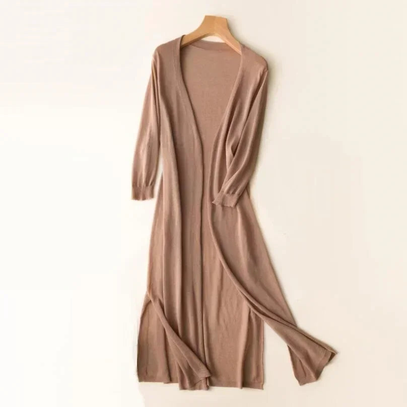 Women's open-front long cardigan relaxed fit lightweight layering piece in neutral everyday style