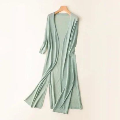 Women's lightweight open-front poncho cardigan in neutral knit, relaxed draped silhouette with silk-blend fabric