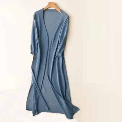 Women's lightweight open-front poncho cardigan in neutral knit, relaxed draped silhouette with silk-blend fabric