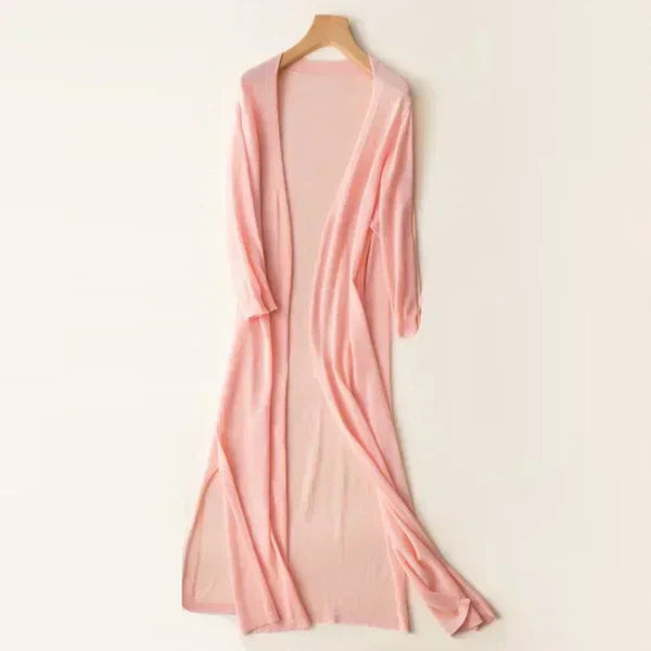 Women's lightweight open-front poncho cardigan in neutral knit, relaxed draped silhouette with silk-blend fabric