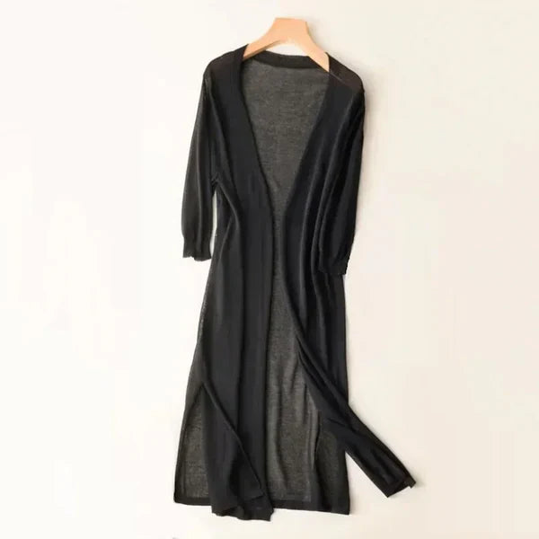 Women's lightweight open-front poncho cardigan in neutral knit, relaxed draped silhouette with silk-blend fabric