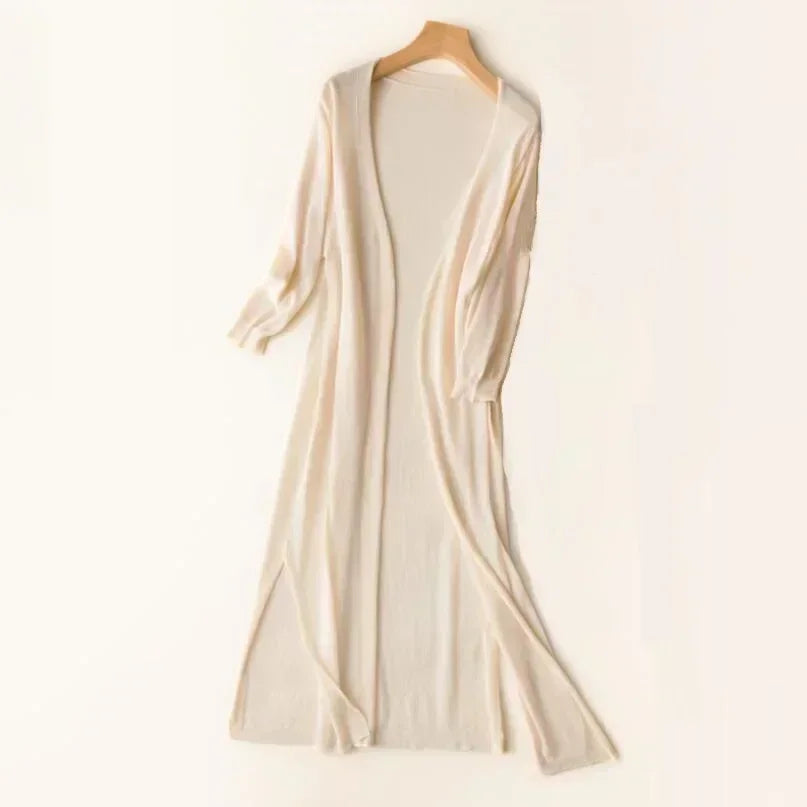 Women's open-front longline cardigan relaxed fit lightweight layering piece in neutral tone