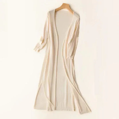 Women's lightweight open-front poncho cardigan in neutral knit, relaxed draped silhouette with silk-blend fabric