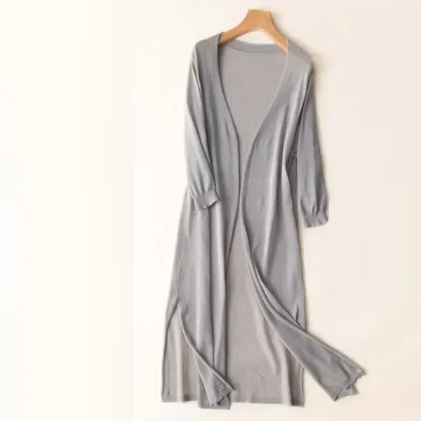 Women's lightweight open-front poncho cardigan in neutral knit, relaxed draped silhouette with silk-blend fabric